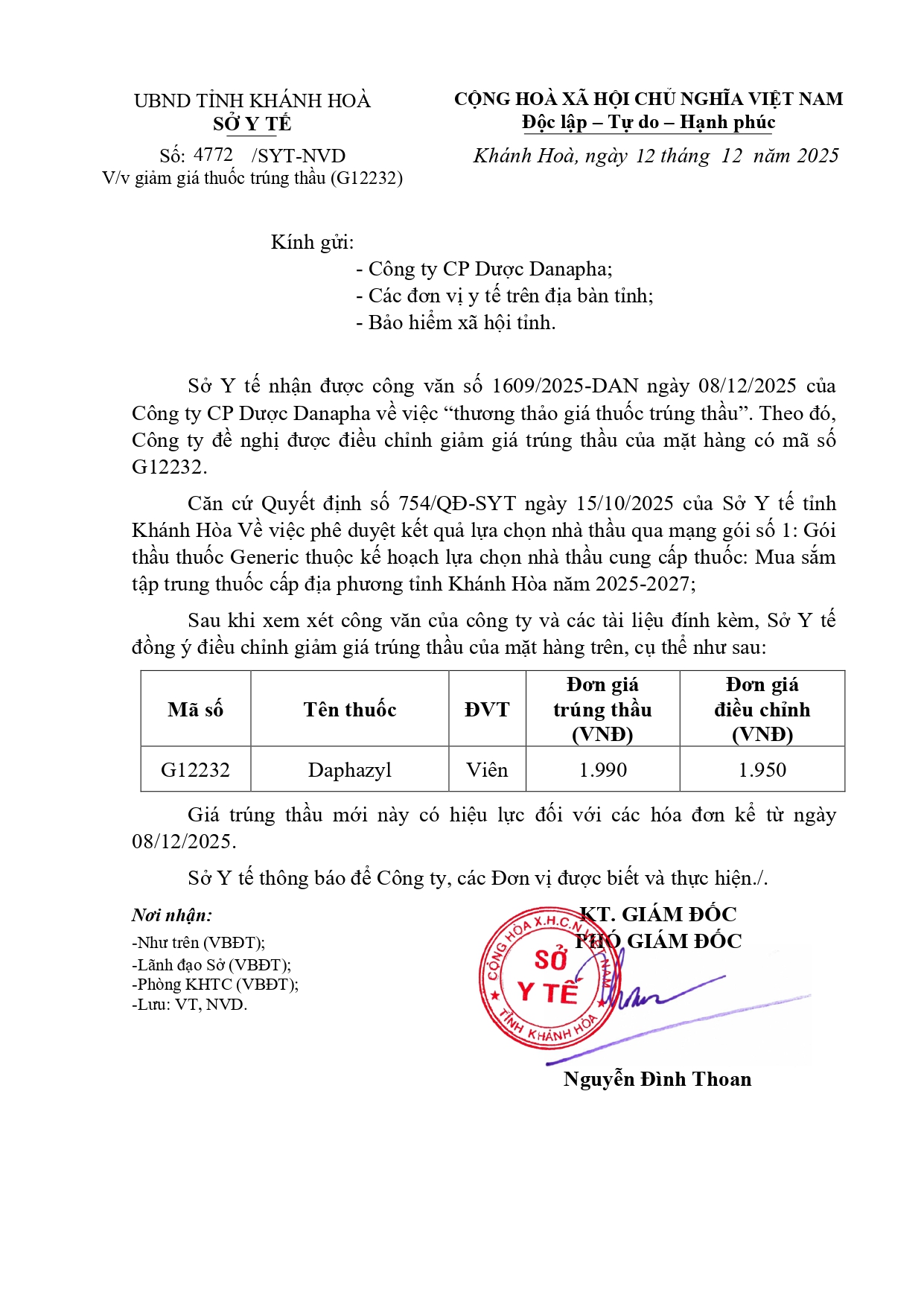V/v giảm giá thuốc trúng thầu (G12232)